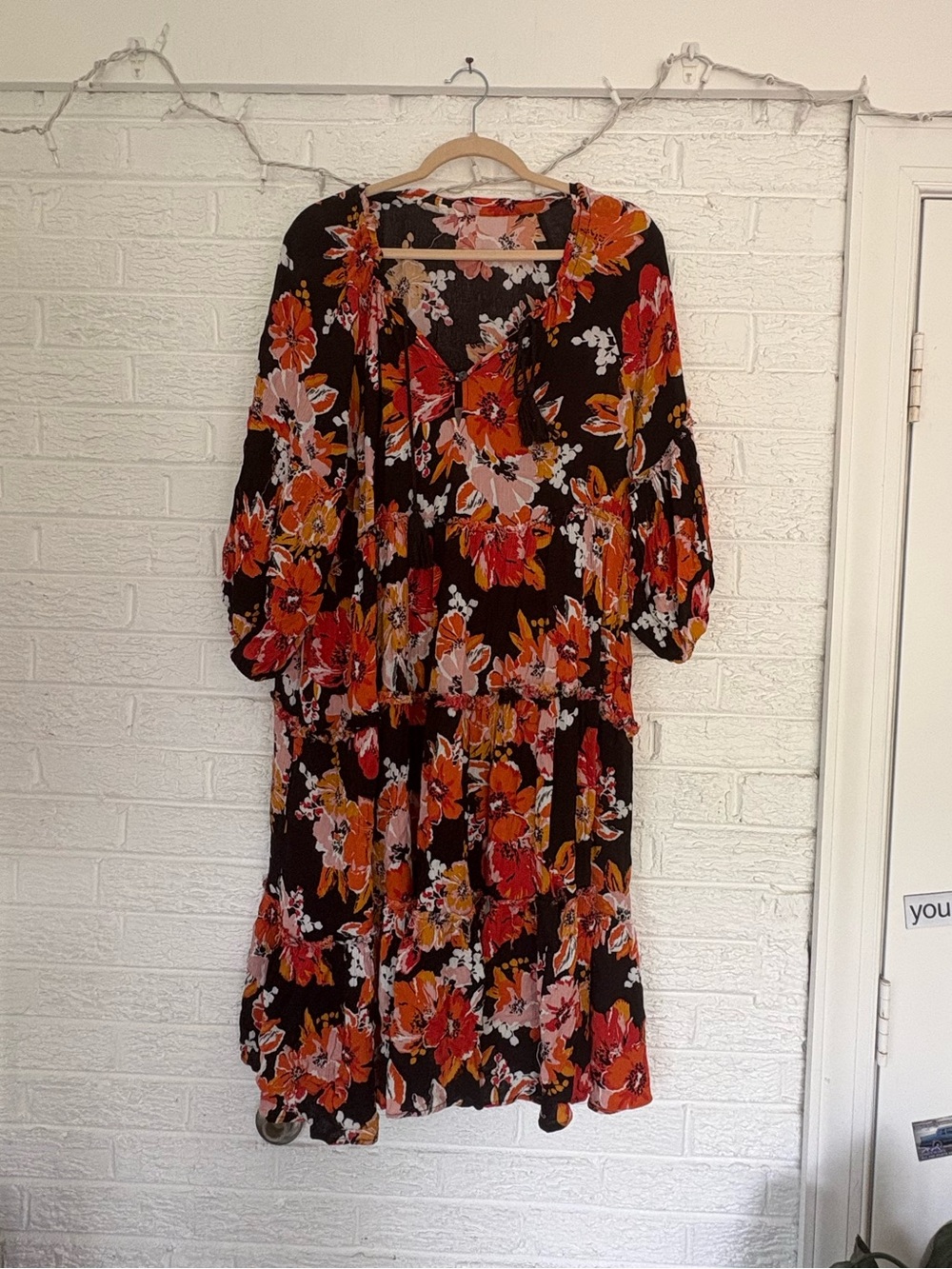 easel Black Midi Dress with Orange and Pink Floral Print